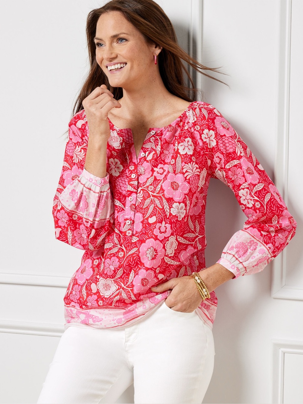 Talbots Floral Paradise Popover Blouse Women’s Size M Colorful 100% Cotton Pink